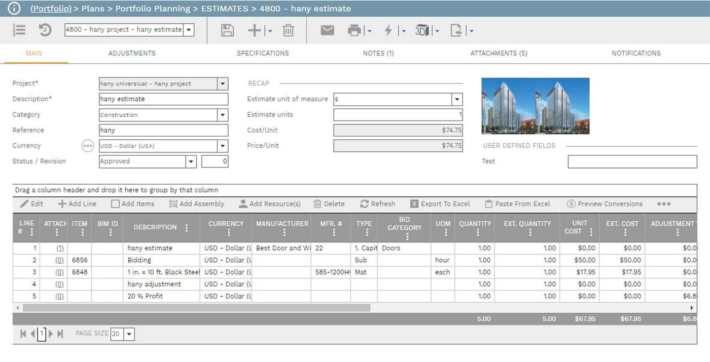 PMWEB estimating and budgeting workspace screenshot.