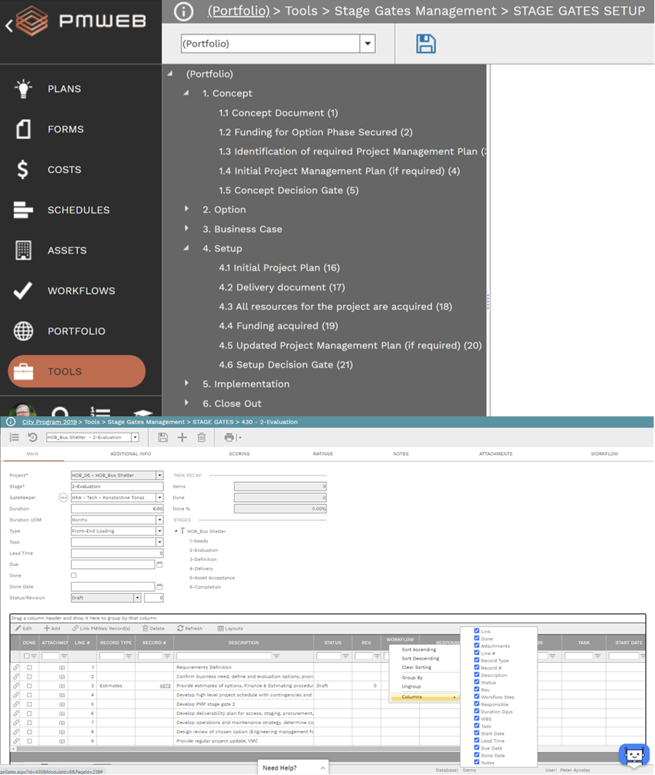 PMWEB Planning module workspace showing stage gates and governance framework.
