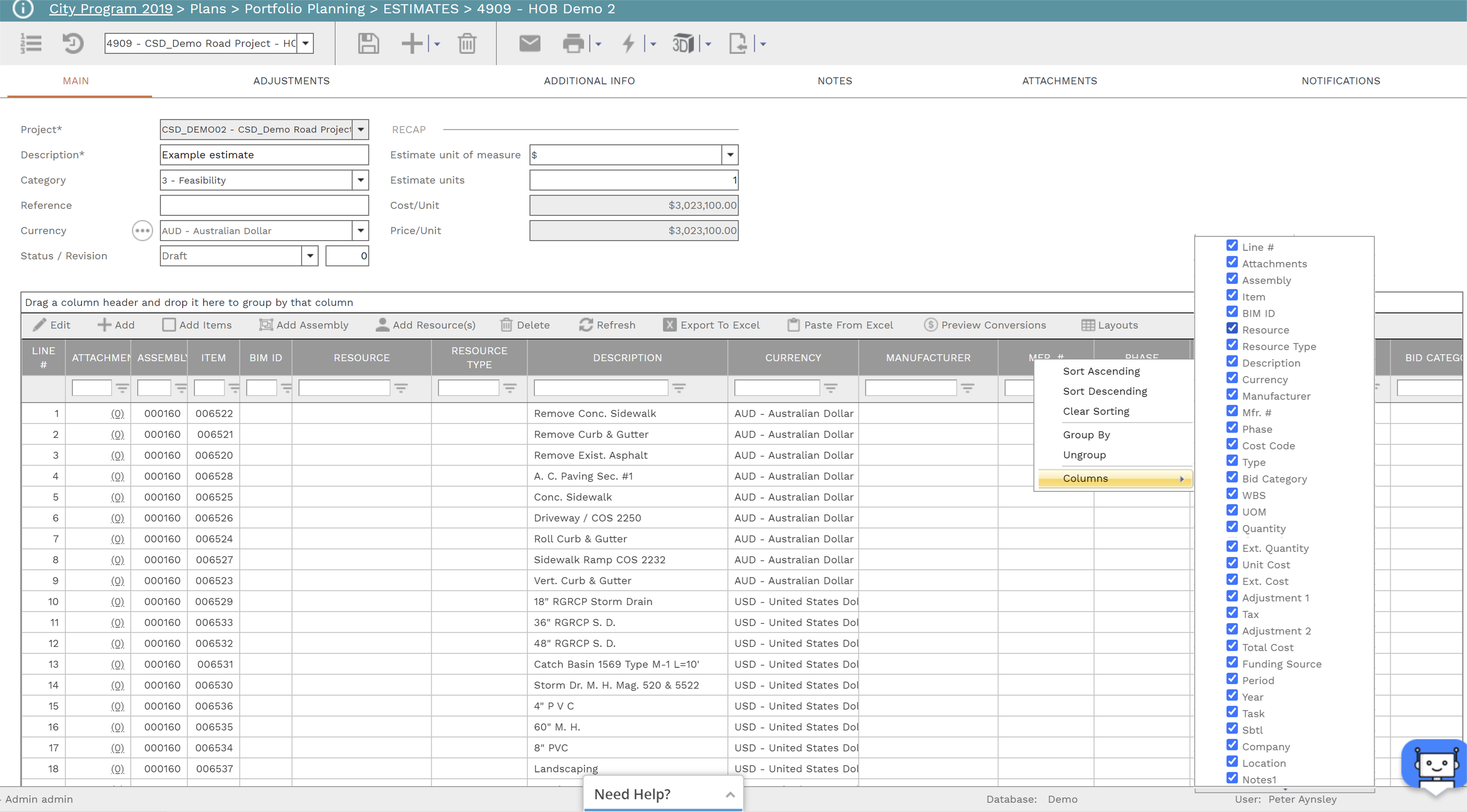 PMWEB Estimating workspace with WBS cost breakdown visible.